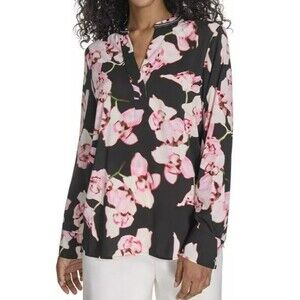 Calvin Klein Women's Printed Split-Neck Long-Sleeve Shirt Size M, Black Multi